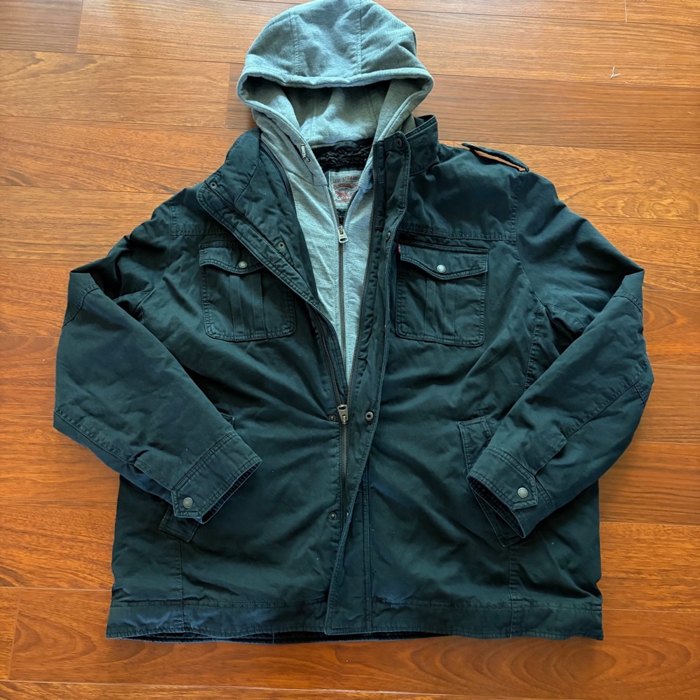 Levi's Mens Sherpa Lined Military Field Jacket Hooded Black Cotton Canvas 3XL